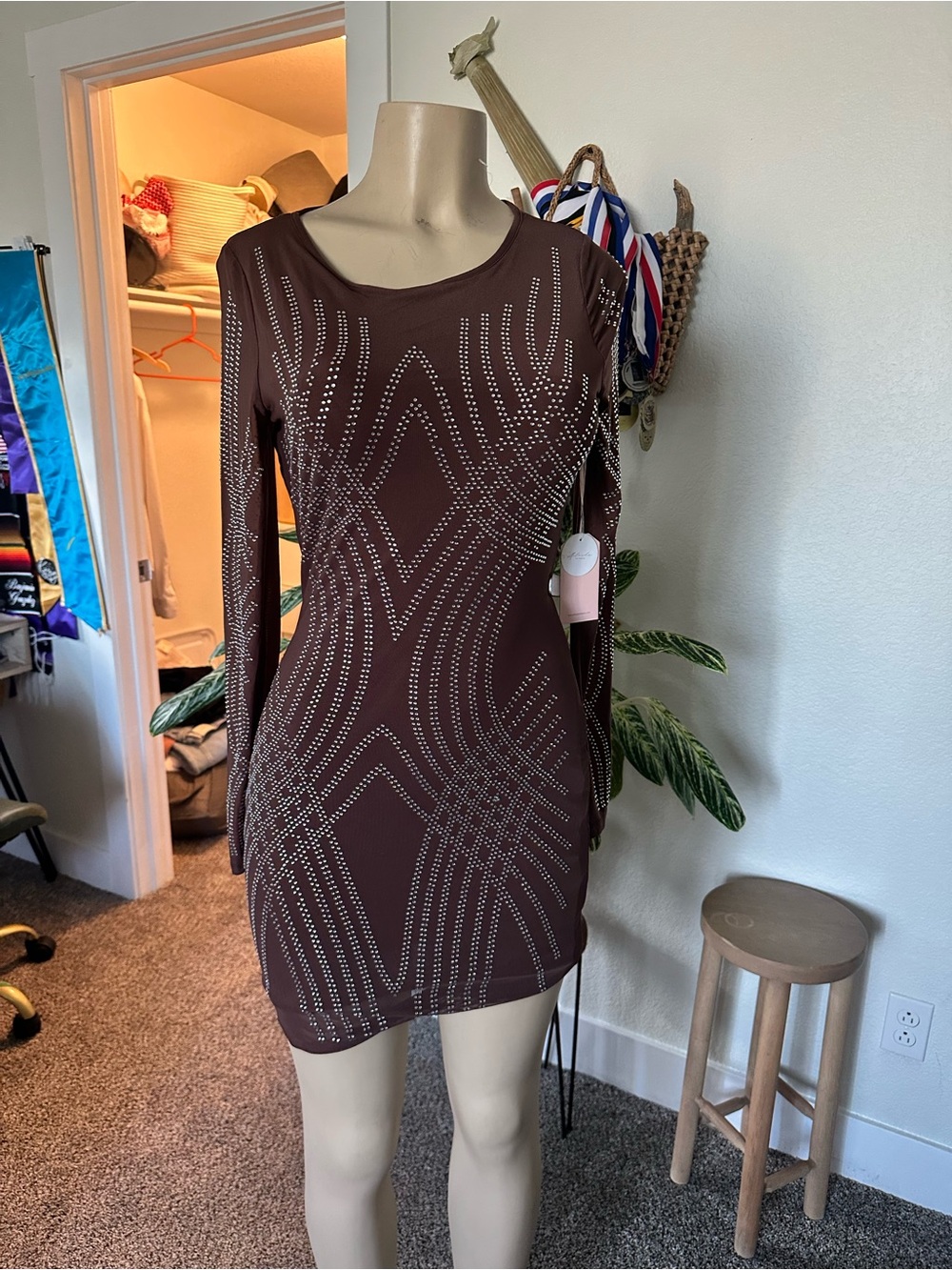 Blush Brown Long-Sleeve Studded Bodycon Dress